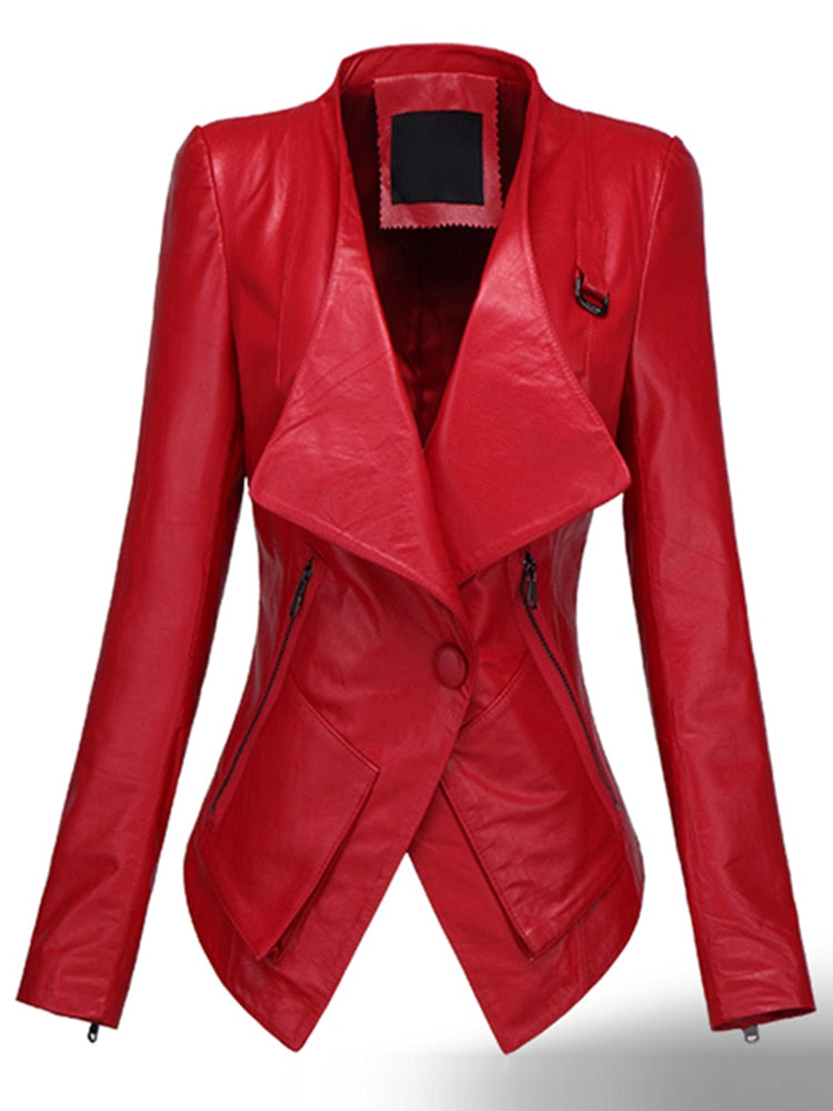 Spring Short Red Black Leather Jacket Long Sleeve Single Button Slim