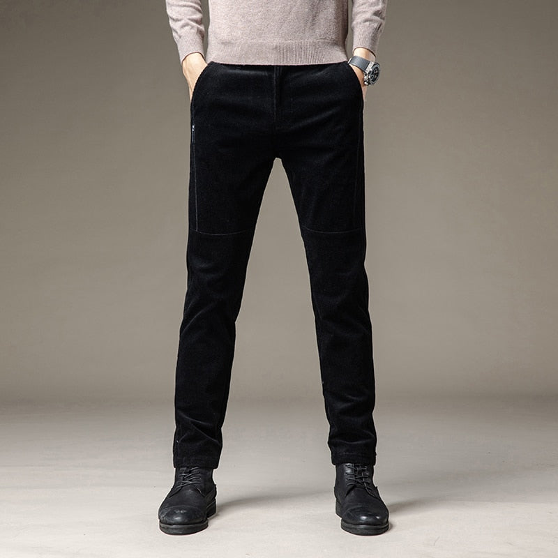 Winter Fleece Warm Corduroy Pants Men Stretch Thick Elastic Waist Fluff Pant