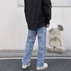Stylish Ma Siwei Same 3D Jacquard Jeans Mens Loose Straight Leg Fried Yarn