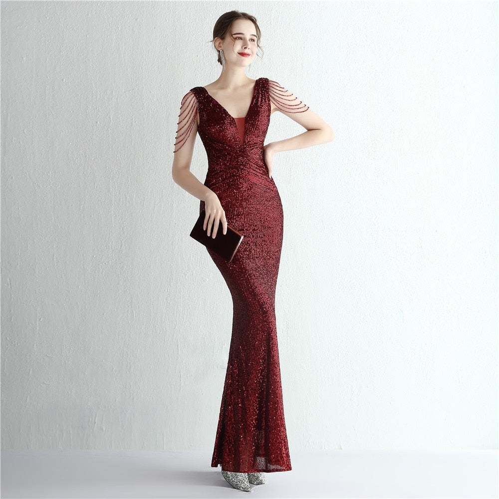 Evening wear Dresses: Evening Dress Long Mermaid Deep V Neck Sequins Maxi