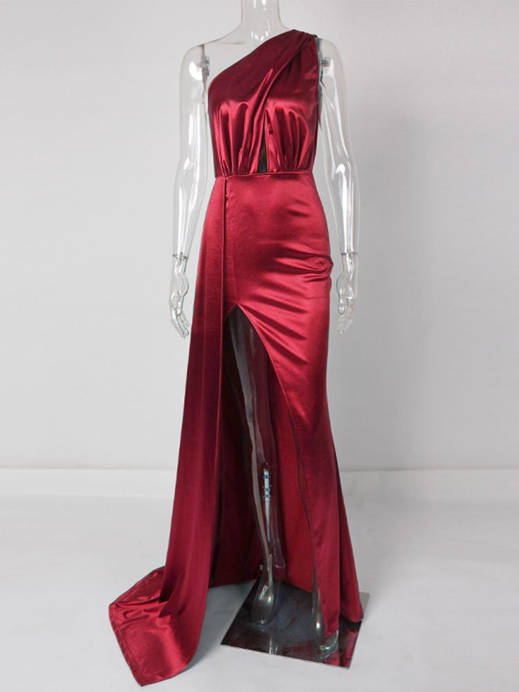 Evening Dresses: Night Dress Burgundy Stretch Satin One Shoulder