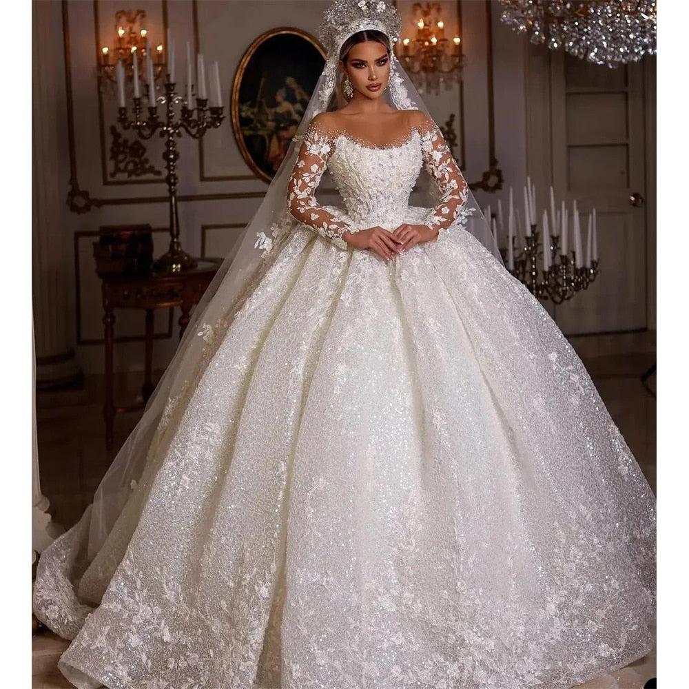 Women's Wedding Dresses Long Sleeve Sparkling Princess Bridal Gowns