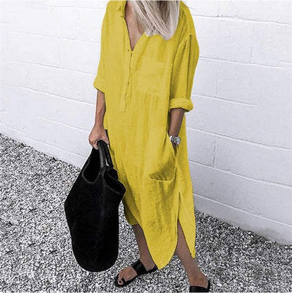 Women Shirt Dress Spring Summer Lapel Button Long Sleeve Side Split Dresses