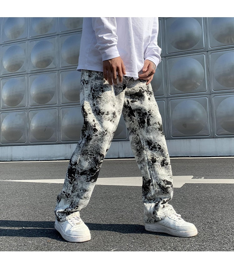 Straight Leg Jeans Printed Jean Mens Fashion Mopping Trousers Korean Style