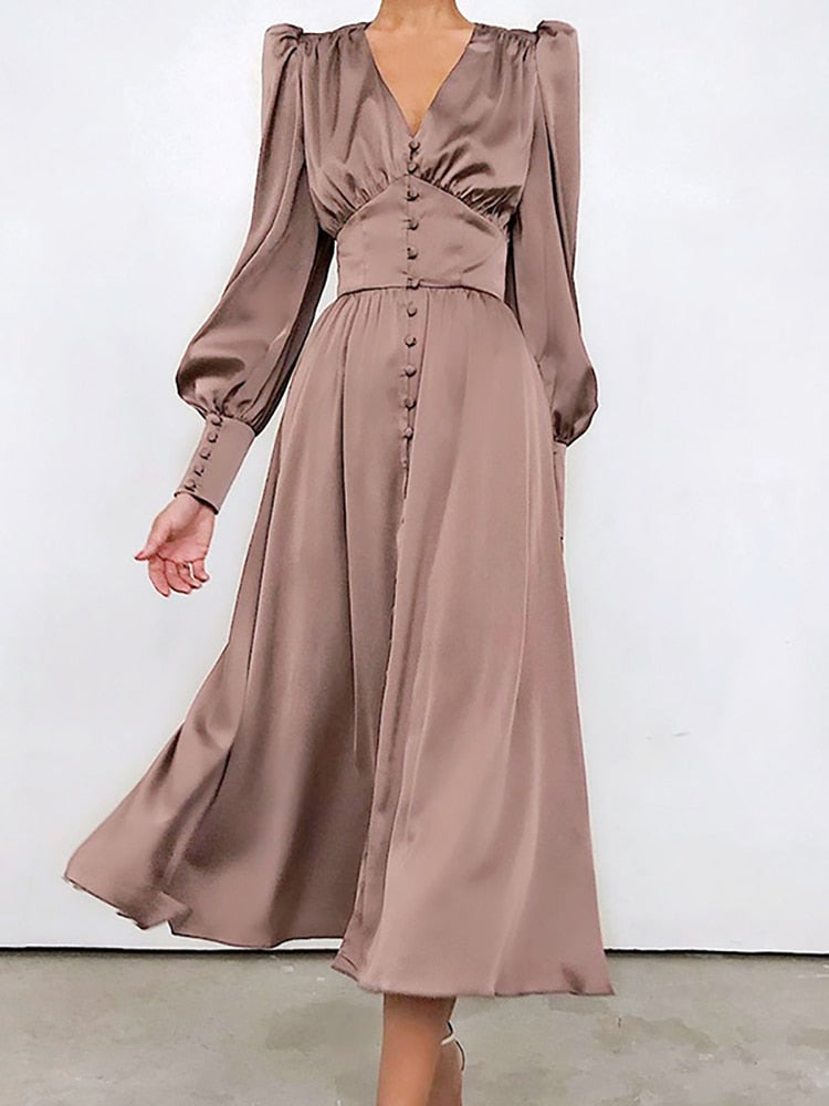 Beige Single Breasted Elegant Dress Women Party Club High Waist Satin Long Dress V Neck Midi Dresses Lantern Sleeve