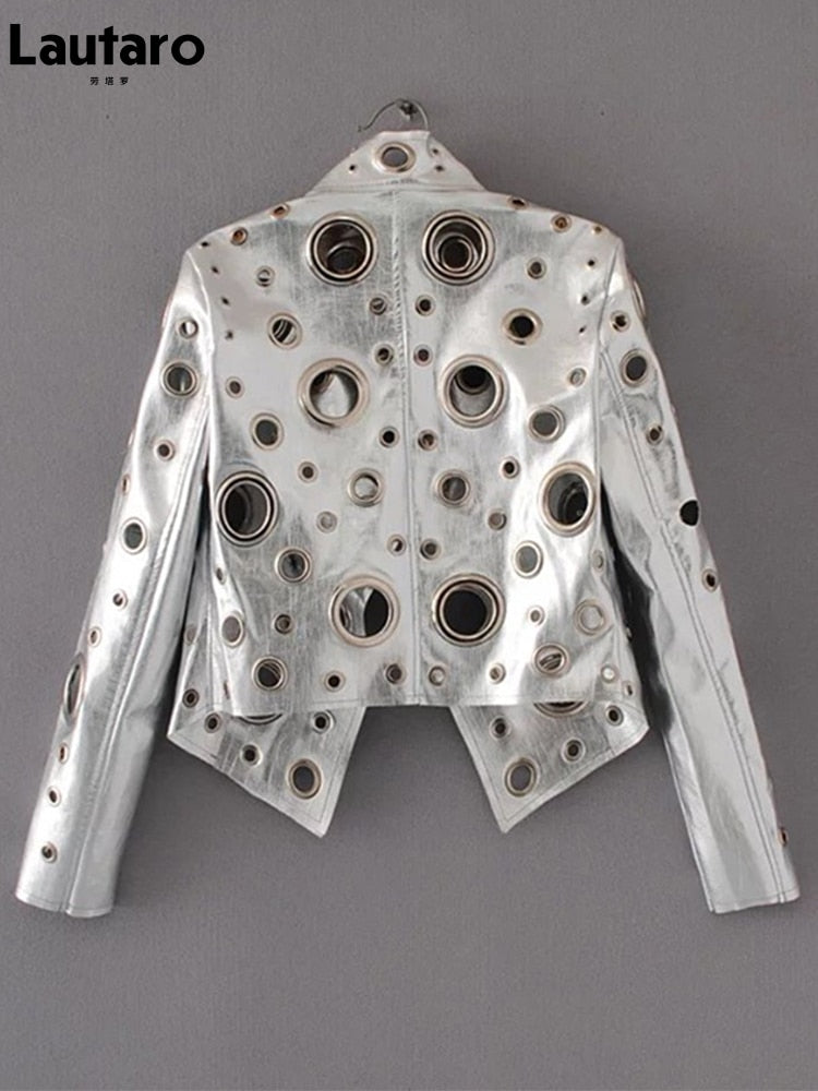Runway Cut Out Short Faux Leather Jacket Golden Rivet Cool Stylish