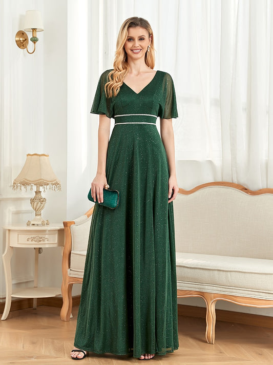Evening wear Dresses: V-Neck Green Chiffon Split Short Sleeves Bridesmaid