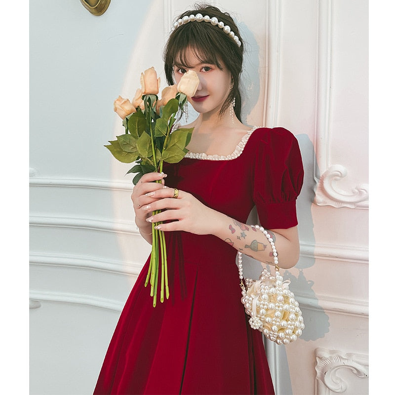 Homecoming Dresses: Red Prom Dresses Square Collar Puff Sleeve Backless