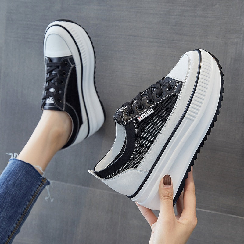Fujin Dad Shoes Chunky Sneakers Wedge Heel Platform White Air Mesh Hollow Shoes