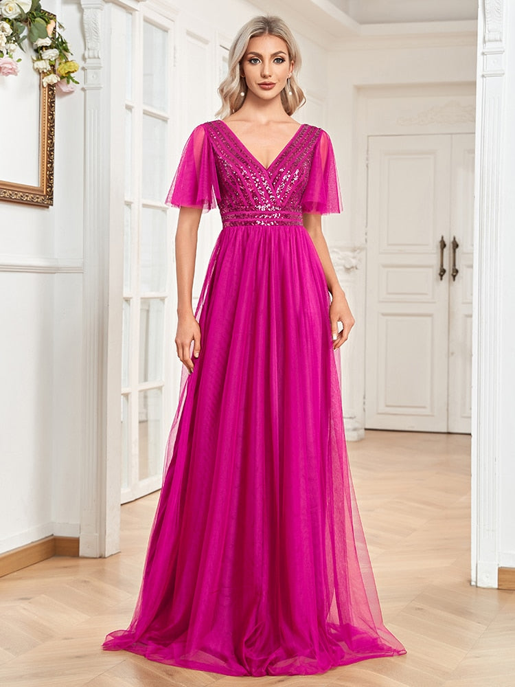 Evening wear Dresses: A-LINE Chiffon Short Sleeve V-Neck Simple Sequins Wedding