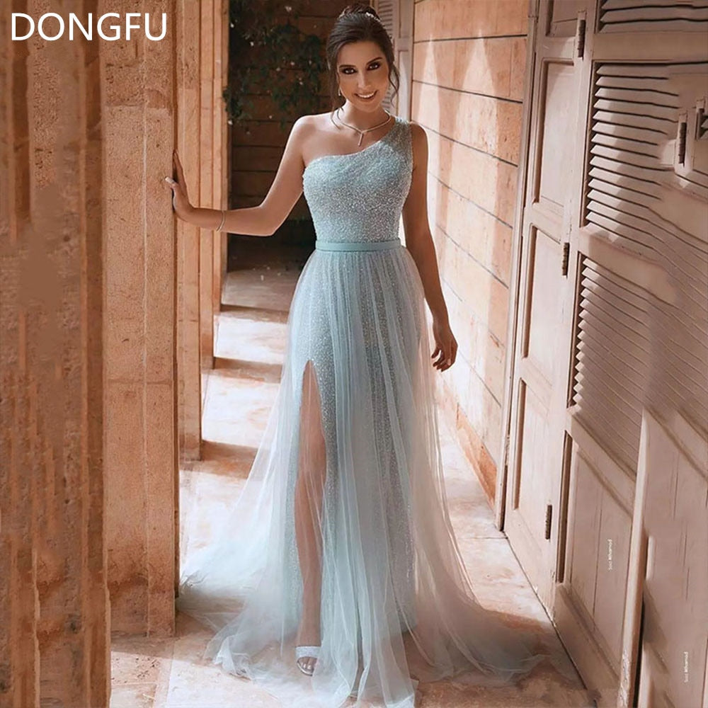 Homecoming Dresses: Sky Blue One Shoulder Sequined Prom Dress