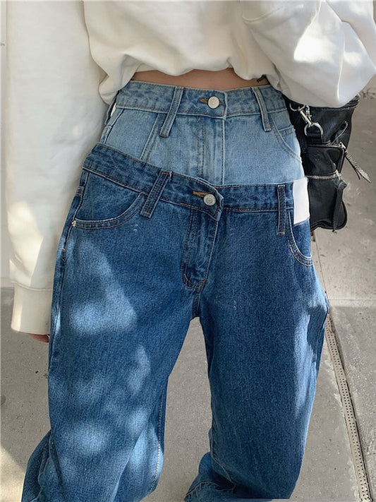 Stylish Fake Two Piece Jeans Women Patchwork Daddy Pants Female Baggy Jeans