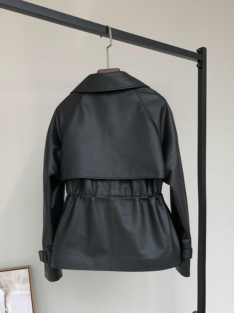 Spring Black Short Soft Faux Leather Trench Coat for Women Coats