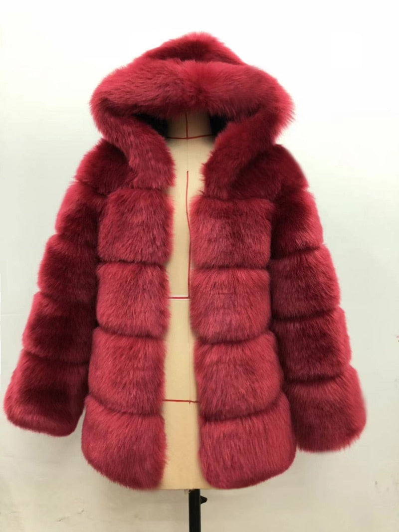 Winter Thick Warm Faux Fur Coat Women Furry Hooded Long Sleeve Faux Fur