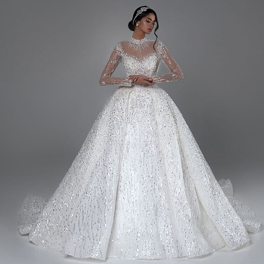 Wedding Dress Long Sleeve Sequined Beading Trouwjurk Cut-out Back