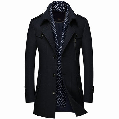 Winter Men Wool Coats New Fashion Middle Long Scarf Collar Cotton-Padded Thick