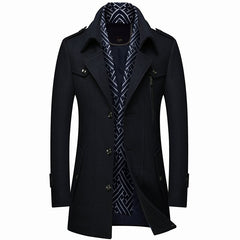 Winter Men Wool Coats Fashion Middle Long Scarf Collar Cotton-Padded Thick