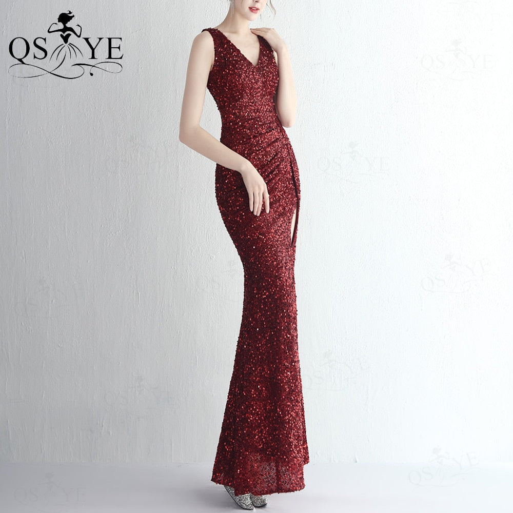 Homecoming Dresses: Sequin Prom Dresses Split Evening Gown Shiny Sleeveless