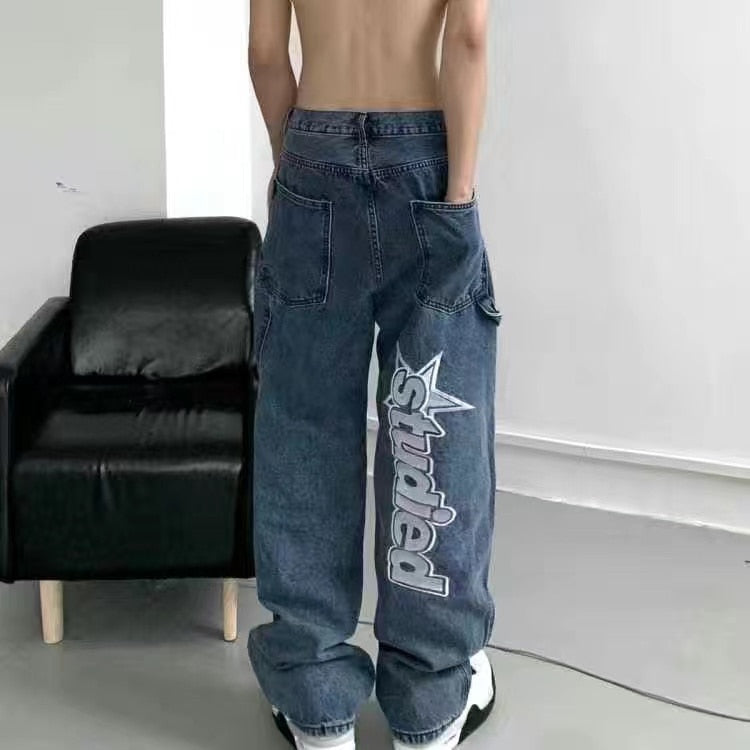 Men jeans solid color head print American y2k retro straight loose large size