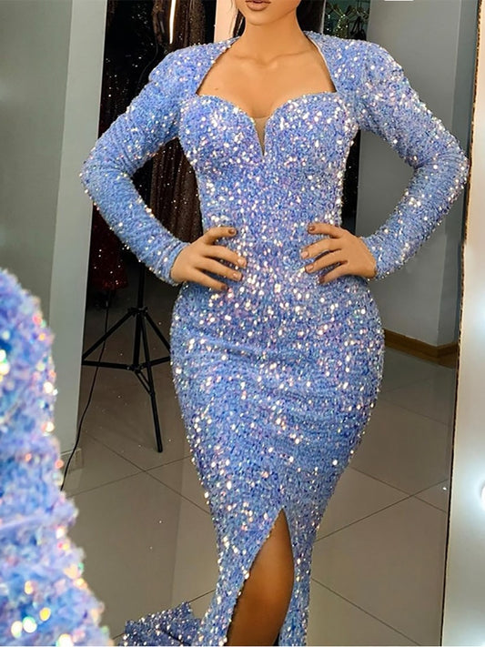 Evening wear Dresses: Sky Blue Long Sleeve Mermaid Wedding Gown Shiny