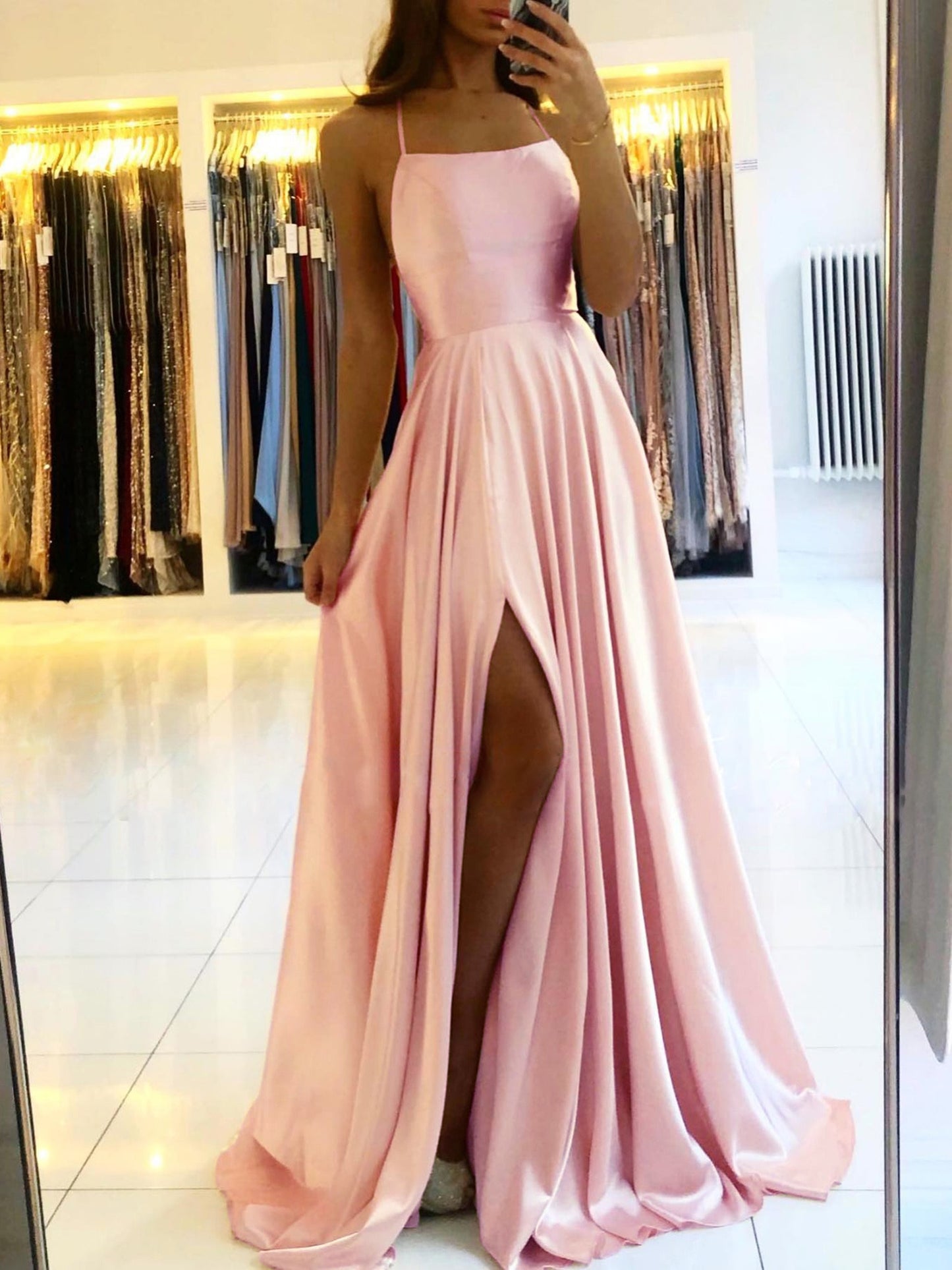 Homecoming Dresses: Prom Dress Spandex satin Slit Side Dress A-LINE Scoop Stretch