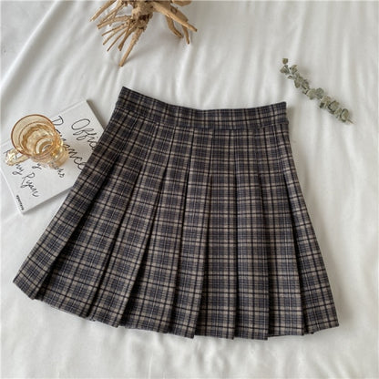 Korean Style Plaid Pleated Skirt Female Spring and Autumn High Waist Thin A-line