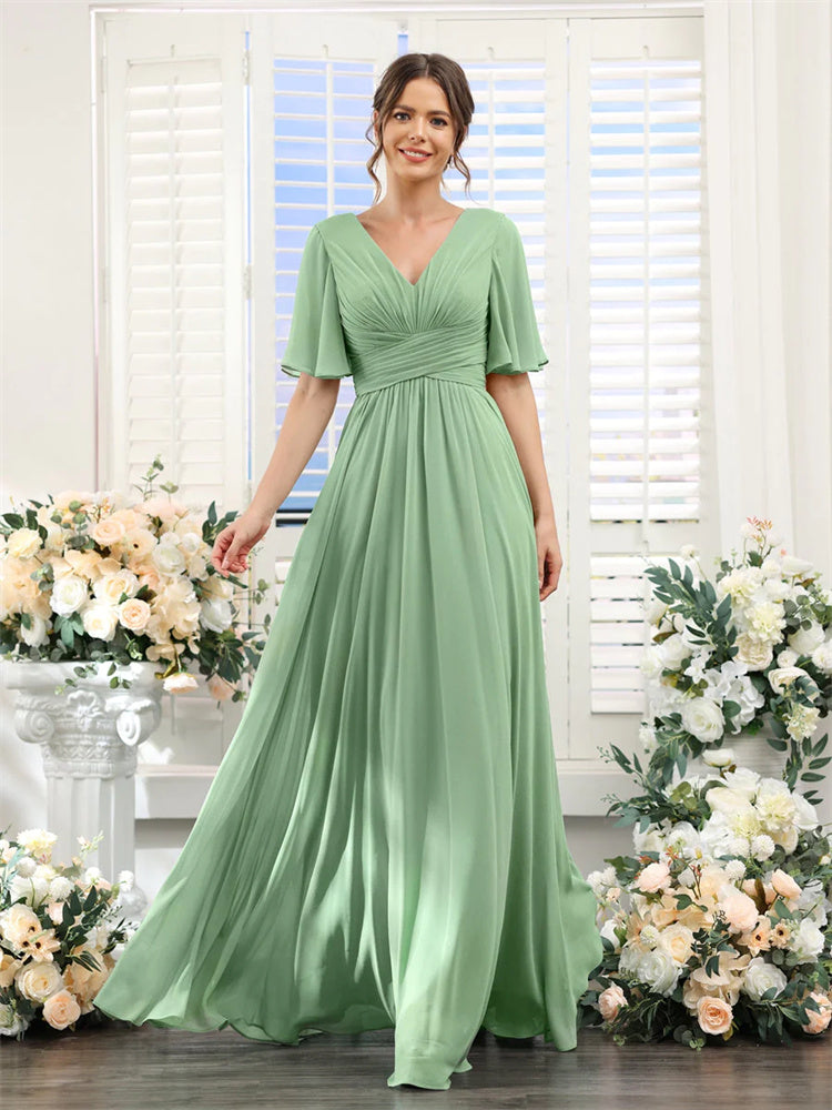 Evening wear Dresses: Half Sleeves Split Side Chiffon Bridesmaid Dresses