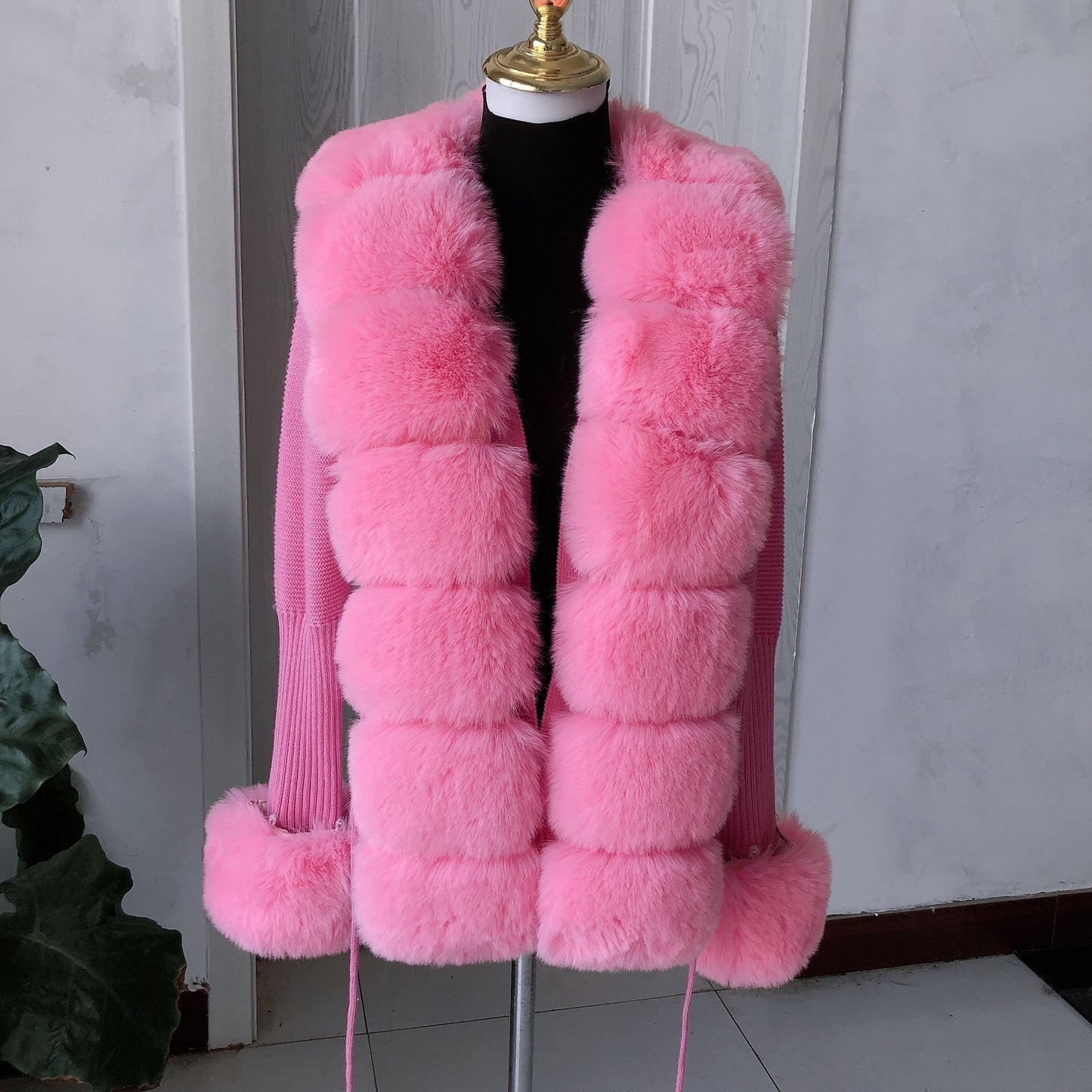 Women Faux Fur Knit Sweater cardigan Spring Autumn elegant Knitted sweater
