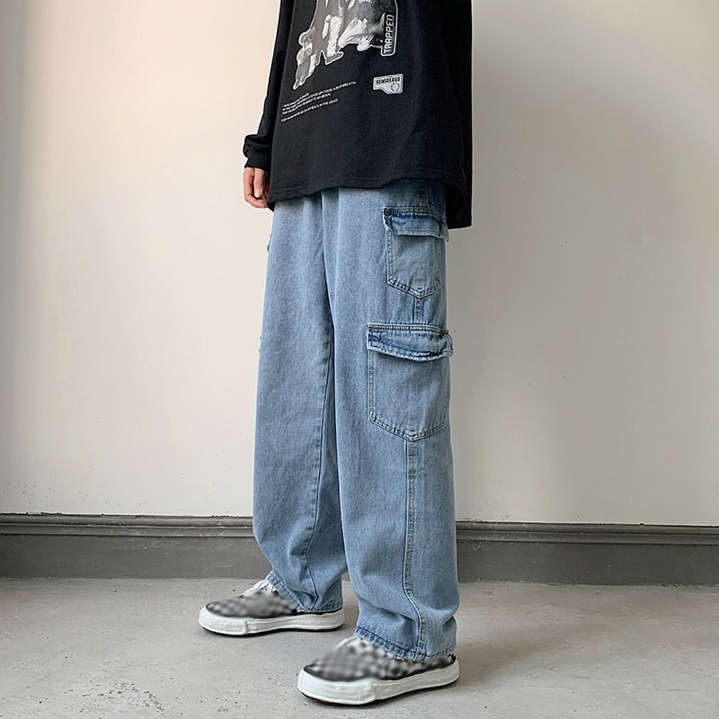 Baggy Men Jeans Straight Cargo Pants Spring Autumn Fashion Vintage Blue Denim