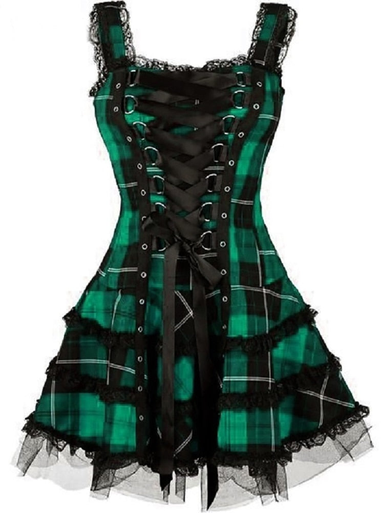 Goth Dark Plaid Bandage Gothic Women A-line Dresses Grunge Aesthetic Lace