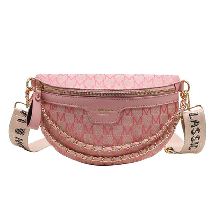 Printed Letter Plaid Pattern Fanny Packs For Women Fashionable Chain Waist Bag