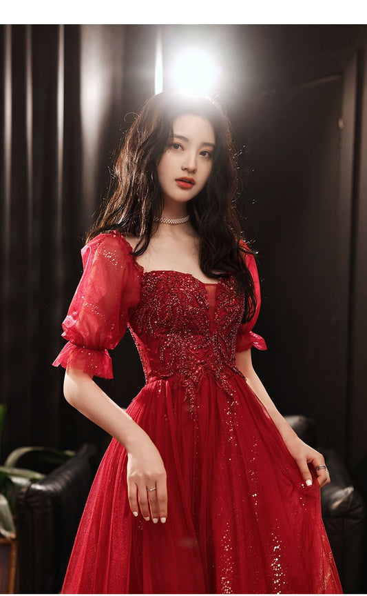 Evening wear Dresses: Prom Dress Sequins Mesh Sleeve Appliques Party Ball Gowns