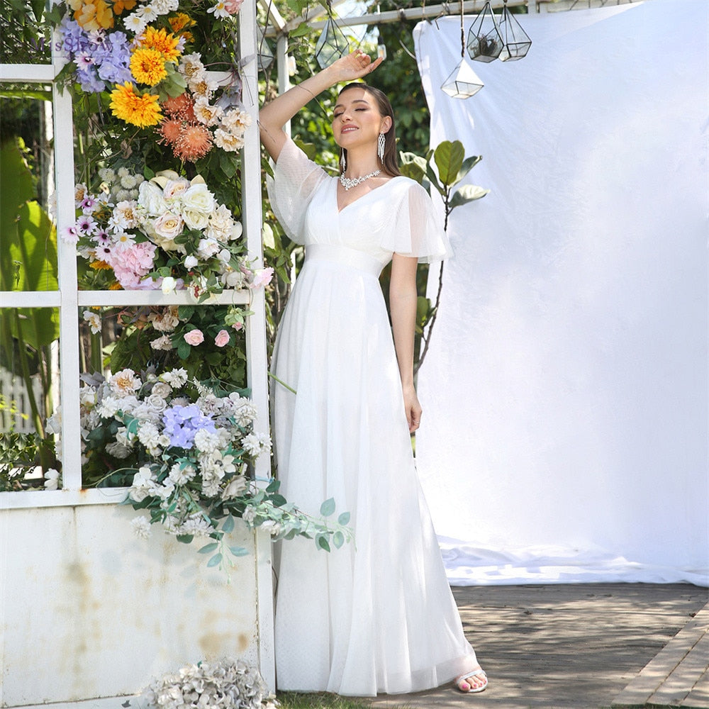 Ivory Beach Wedding Dresses For Women A-Line Puffer Short Sleeve