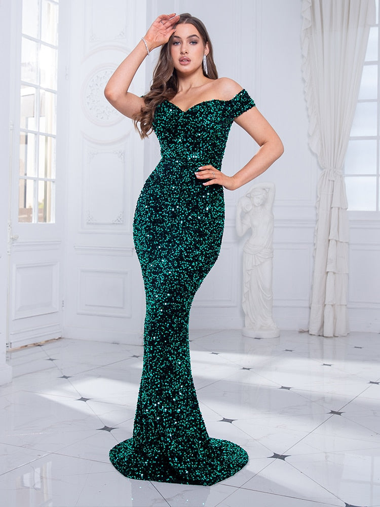 Evening wear Dresses: Off The Shoulder Mermaid Evening Gown Red Stretchy Velvet
