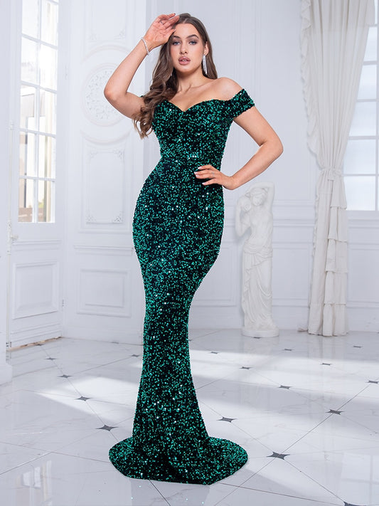 Evening wear Dresses: Off The Shoulder Mermaid Evening Gown Red Stretchy Velvet