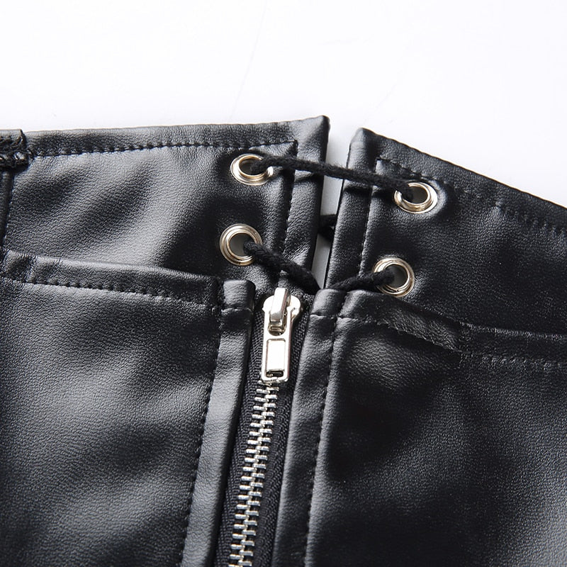 Women Skirts Gothic Harajuku Bandage Faux Leather Korean Fashion Black Mini