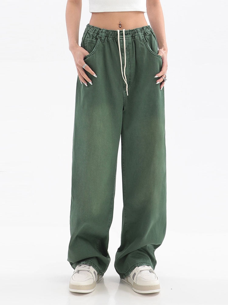 Women American Vintage Baggy Jeans Elastic Waist Oversized Long Trouser