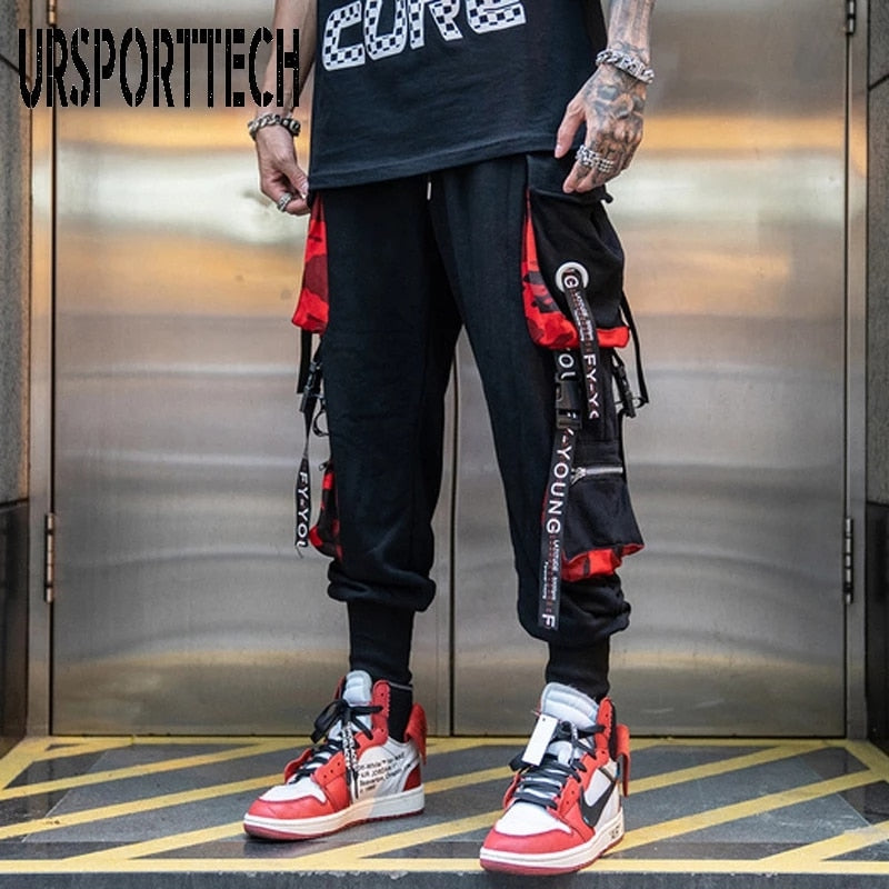 Hip Hop Joggers Men Letter Ribbons Cargo Pants Pockets Track Tactical Casual