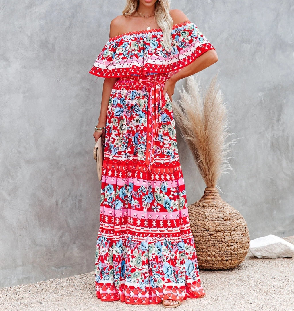 Summer Print Vintage Long Dresses For Women Sexy Off-Shoulder Ruffle