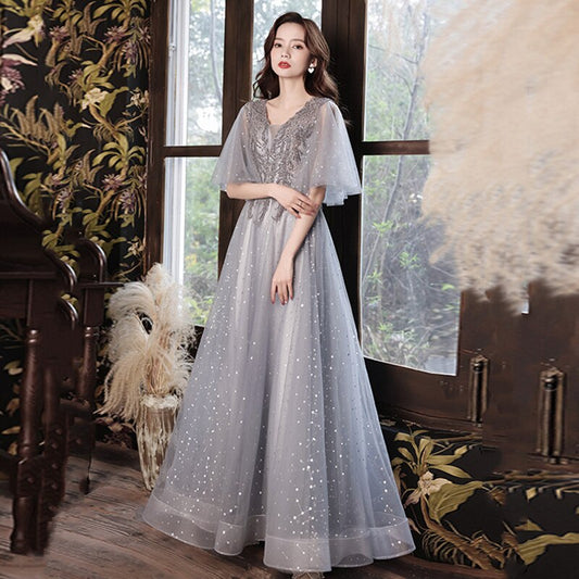 Formal Dress Women Elegant Evening Gown Flare Short Sleeves Luxury Prom