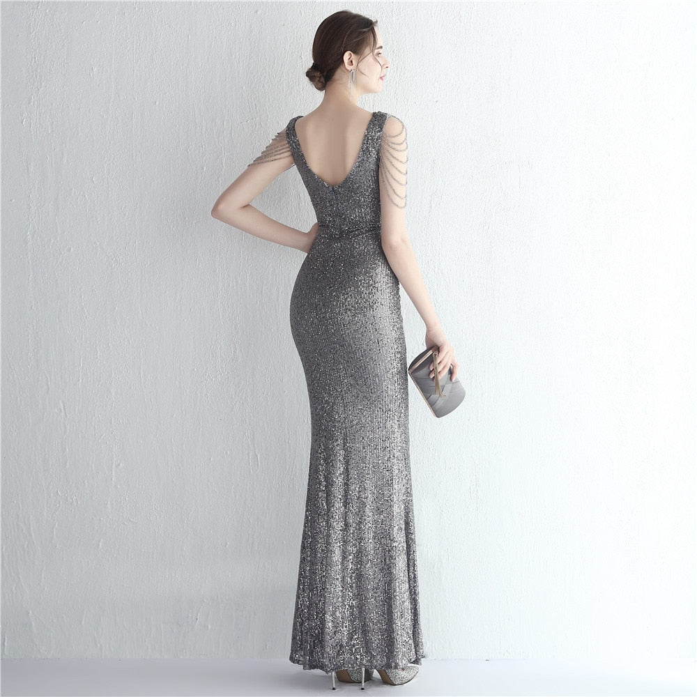 Evening wear Dresses: Evening Dress Long Mermaid Deep V Neck Sequins Maxi