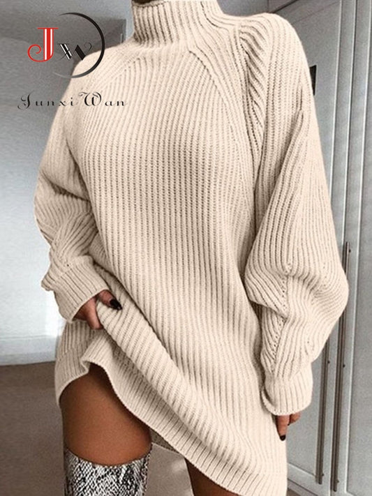 Women Turtleneck Oversized Knitted Dress Autumn Solid Long Sleeve Casual