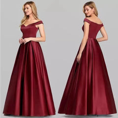 Burgundy Off Shoulder Satin Prom Dresses Women Navy Blue Evening