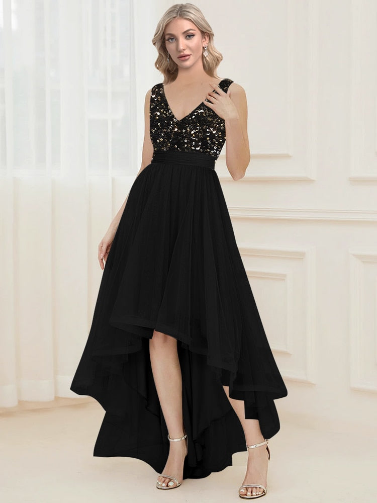 Evening wear Dresses: V-Neck Sleeveless Sequin Floor Length Evening Dress Red