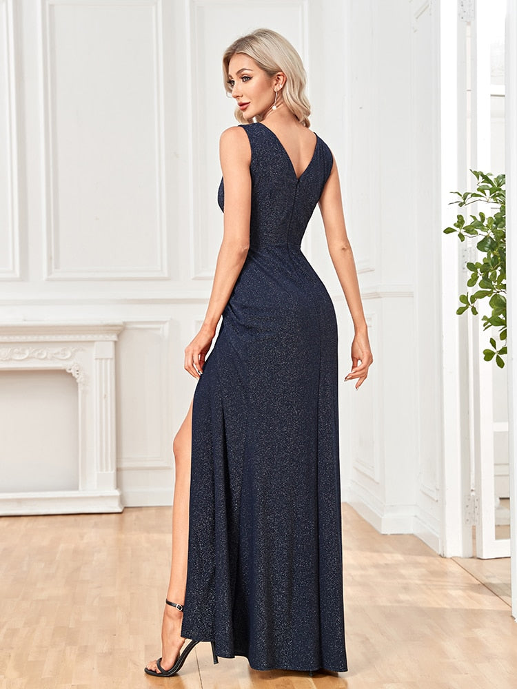 Evening wear Dresses: Women Shining V-neck Wedding Party Dress Sleeveless