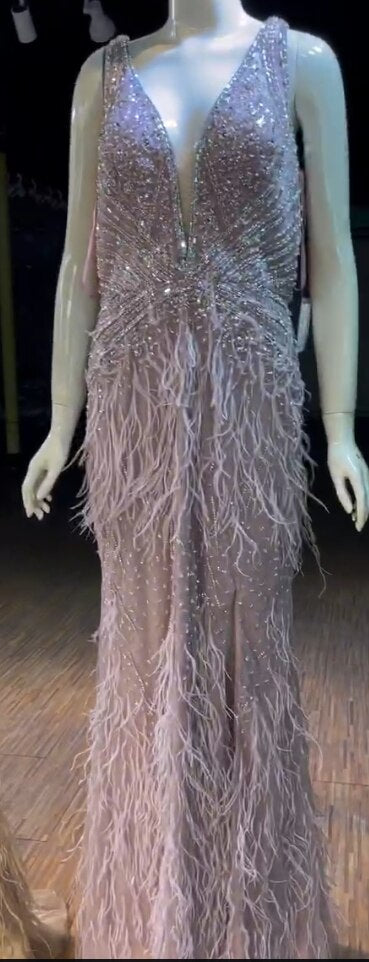 Evening wear Dresses: Mermaid Blue Feathers Evening Dress Fashion Backless Beaded