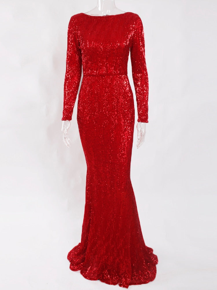 Evening wear Dresses: Mermaid Sequin Evening Gown Burgundy O Neck Stretch
