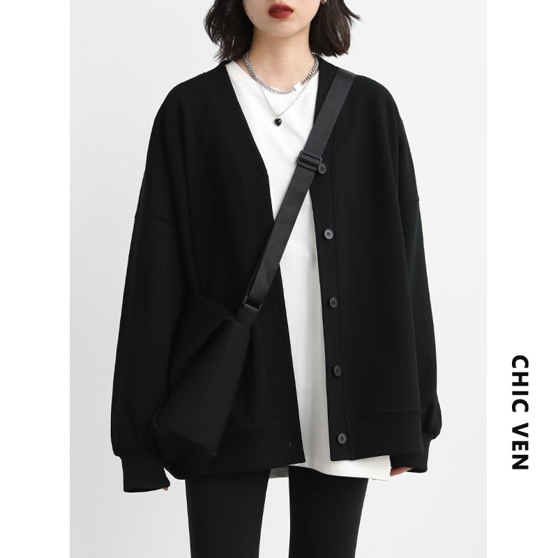 Autumn Winter Women Sports Coat Casual Loose V-neck