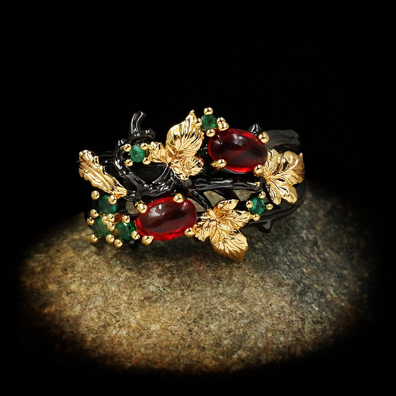 Exquisite Leaf Flower Color Zircon Ladies Women Ring Jewelry Black Gold