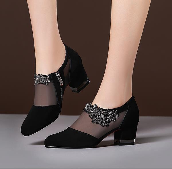 Summer Women High Heel Shoes Mesh Breathable Pumps Zip Pointed Toe Thick